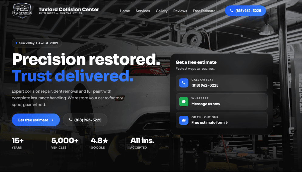 Tuxford Collision Center website screenshot