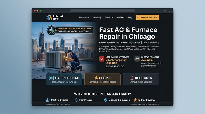 Polar Air HVAC custom contractor website preview designed by Embra Technologies