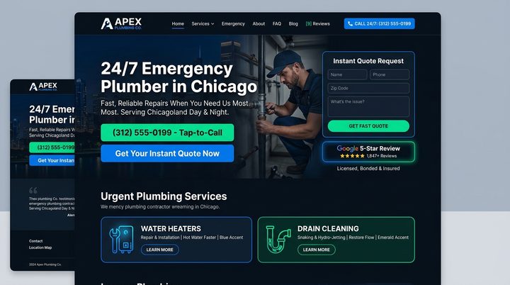 Concept design for Apex Plumbing, a sample brand (not a real client), by Embra Technologies