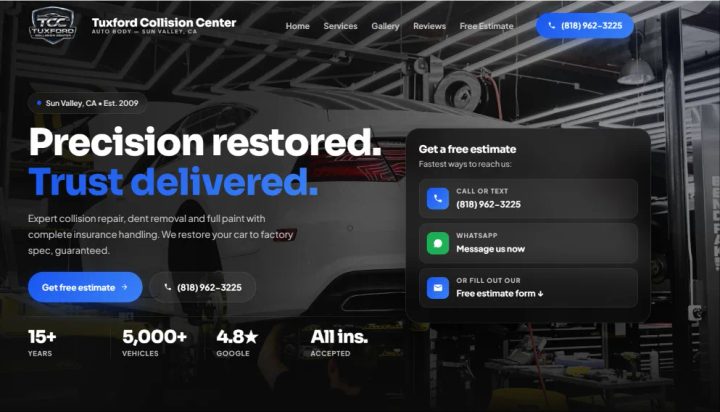 Tuxford Collision Center website preview designed by Embra Technologies